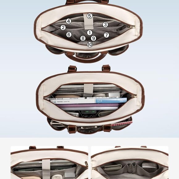 Brand New Multi-Pocket Work Tote Bag 15.6in Black-Beige-Brown Zipper - Picture 2 of 9